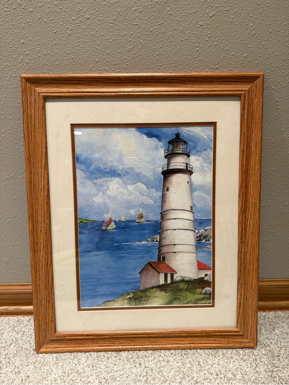Vintage Lighthouse Sailboats Ocean Harbor Watercolor Art Print Oak Frame Coastal